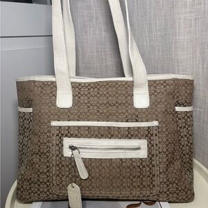 Vintage Coach Signature Canvas Tote Bag in Brown and White